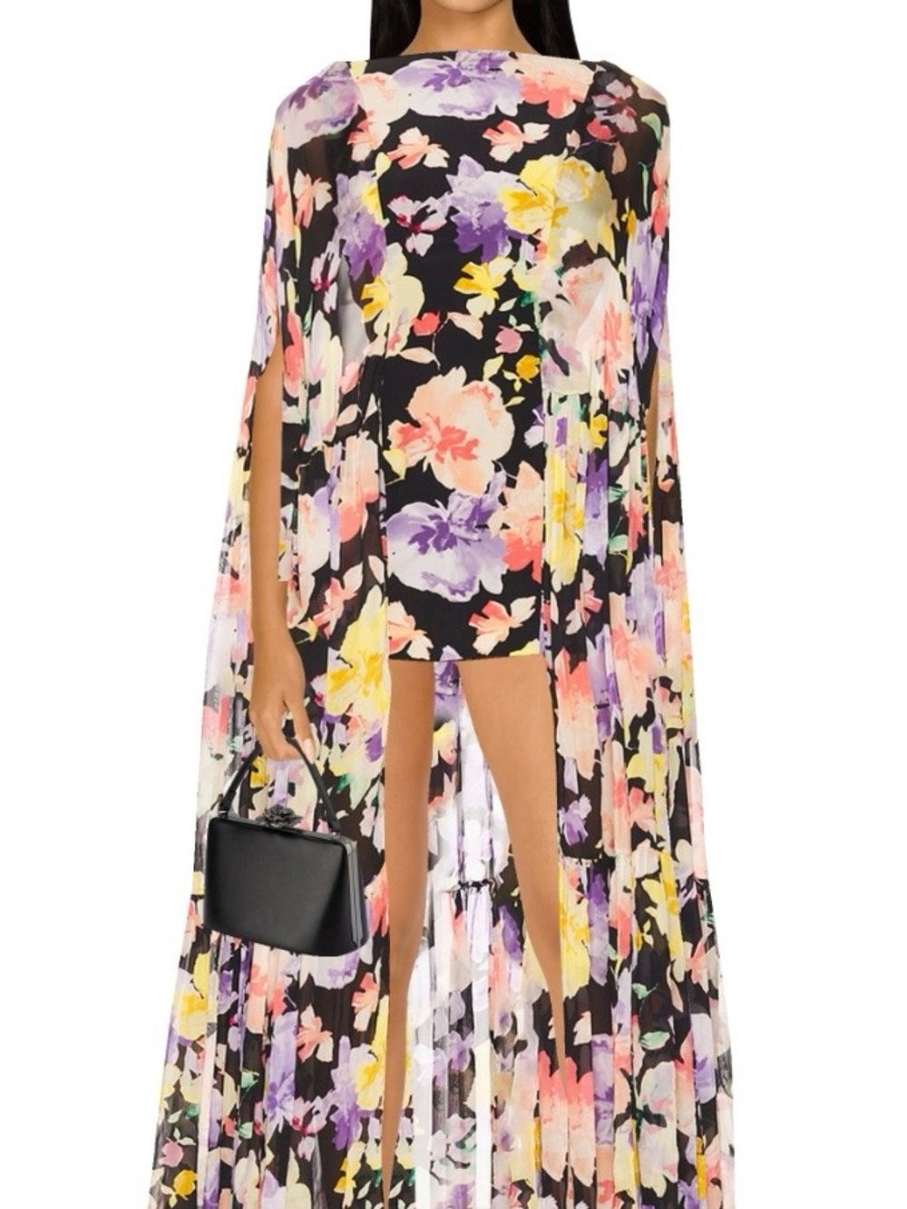 Black Floral High-Low Chiffon Overlay Dress